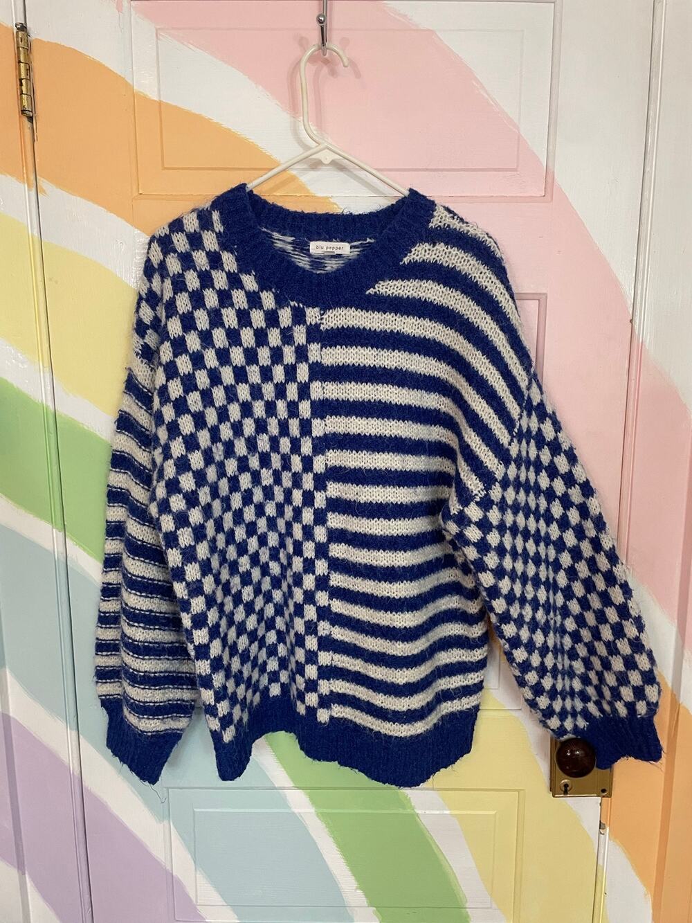 Blu Pepper Large Blue Ivory Mixed Pattern Checkerboard Knit Sweater